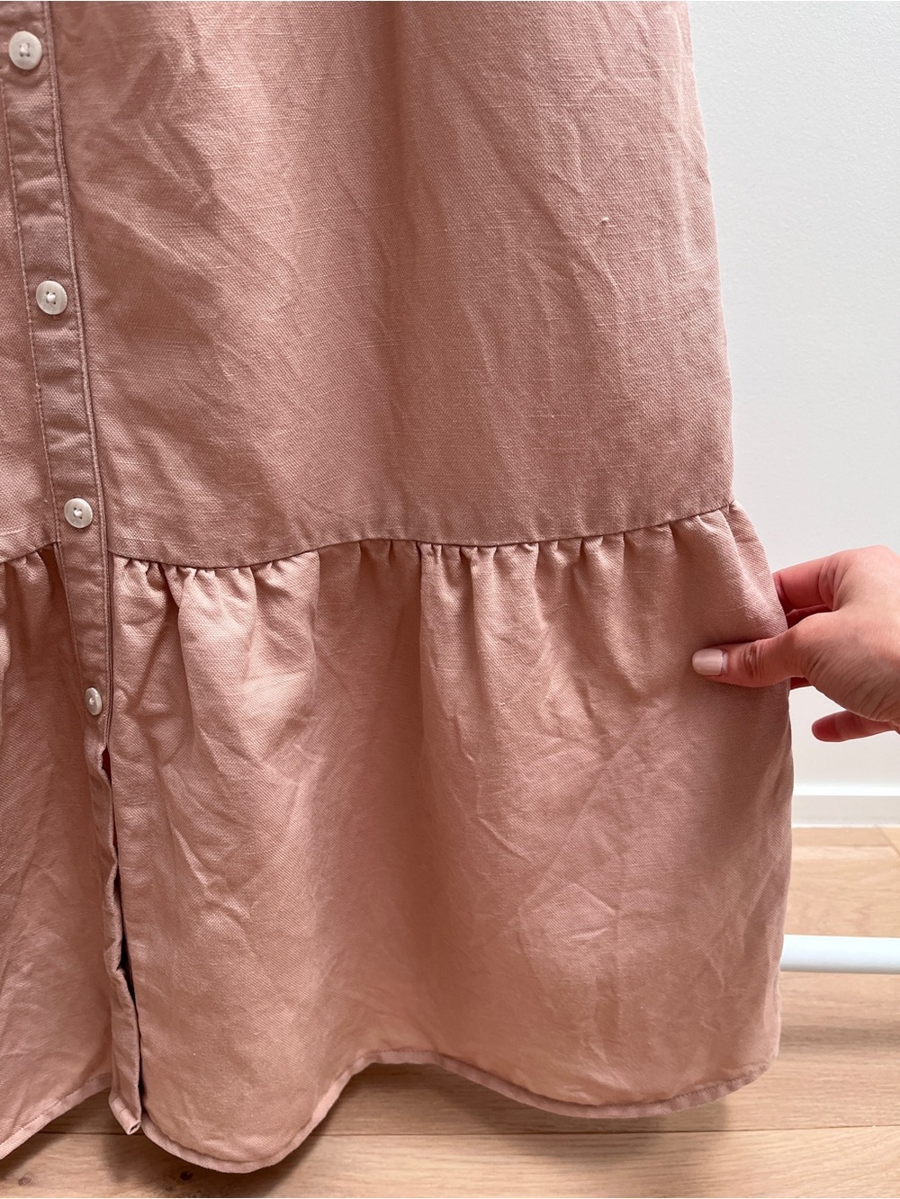 Frank and Oak button up ruffle dress M light peach pink tencel linen sundress - Picture 3 of 12
